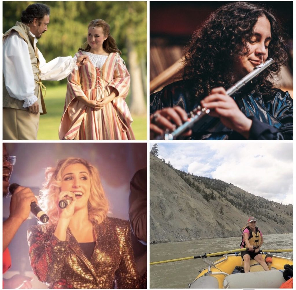 woman in a renaissance costume; woman playing the flute; man and woman singing; woman on a raft