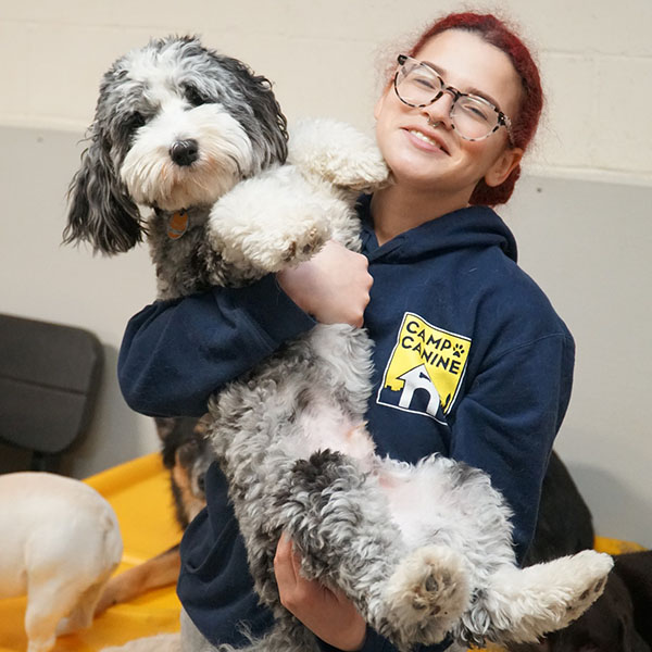 staff member holding a dog