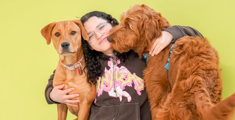 Staff hugging happy dogs